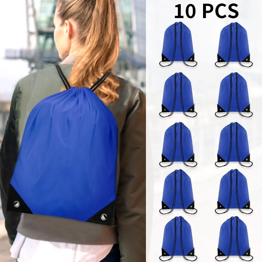 10 PCS Drawstring Backpack Bulk Blue Drawstring Bags Nylon Cinch Bag DIY Drawstring Bag Waterproof Draw String Back Bag Cinch Sack String Backpack for Women and Men Sports Gym Travel Swimming
