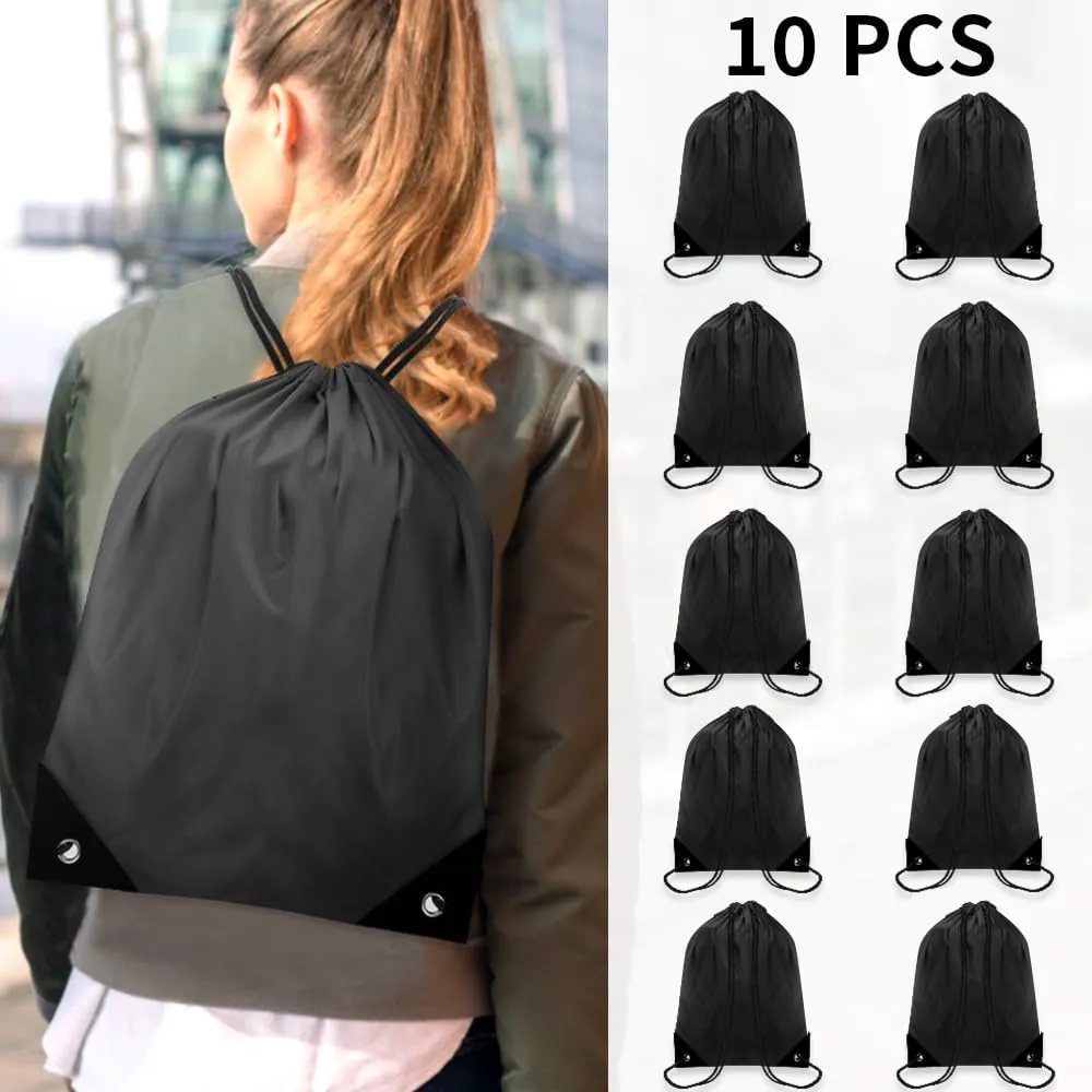 10 PCS Drawstring Backpack Bulk Drawstring Bags Waterproof Cinch Bag DIY Drawstring Bag Draw String Back Bag Cinch Sack Nylon String Backpack for Men and Women Sports Gym Travel Swimming, Black