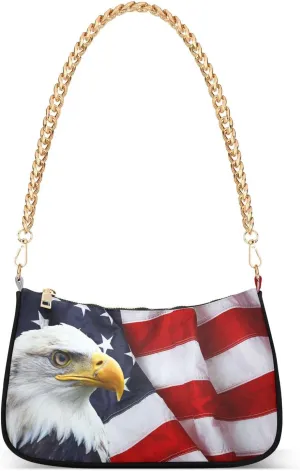 American Flag Bald Eagle Shoulder Handbags for Women Travel Hobo Tote Handbag Women Gold Chain Shoulder Bags Purse with Zipper Closure