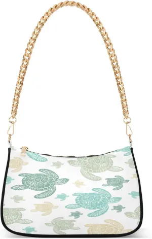 Aqua Turtle Sea Shoulder Handbags for Women Travel Hobo Tote Handbag Women Gold Chain Shoulder Bags Purse with Zipper Closure