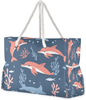 Beach Bag - Large Tote Bags for Women Blue Dolphins Coral Shoulder Bags Zipper Waterproof Sandproof for Travel Gym Swim Daily