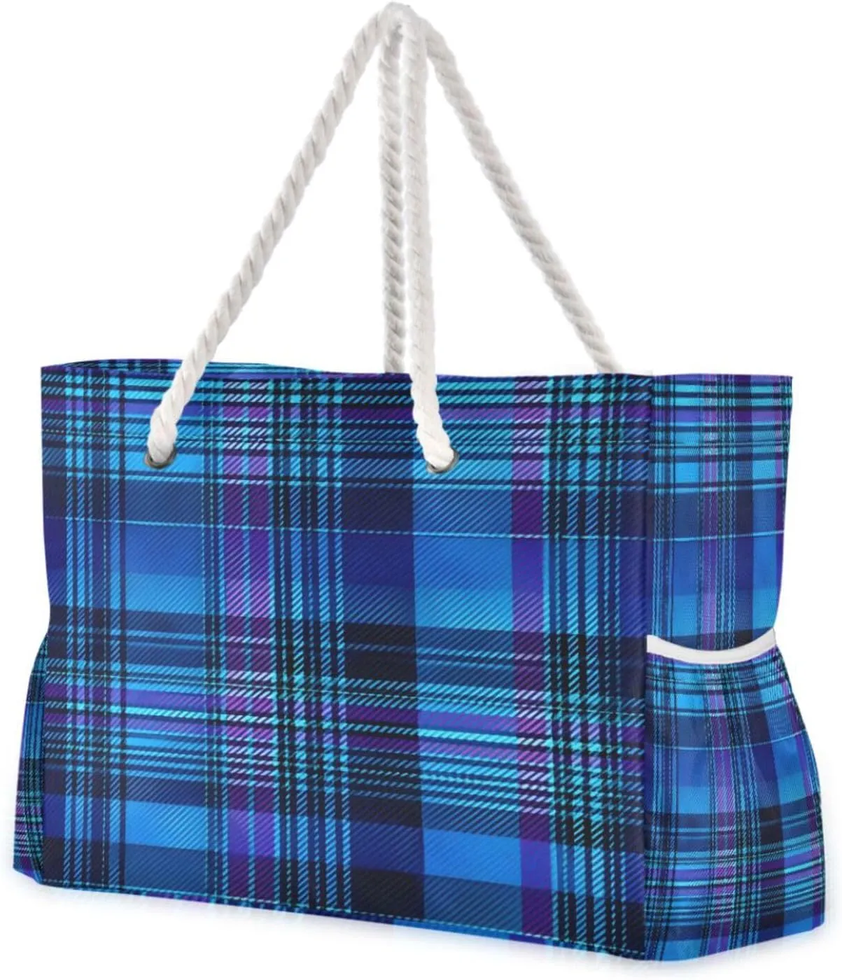 Beach Bag - Large Tote Bags for Women Cool Tone Plaid Pattern Shoulder Bags Zipper Waterproof Sandproof for Travel Gym Swim Daily