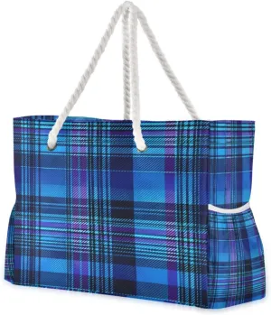 Beach Bag - Large Tote Bags for Women Cool Tone Plaid Pattern Shoulder Bags Zipper Waterproof Sandproof for Travel Gym Swim Daily