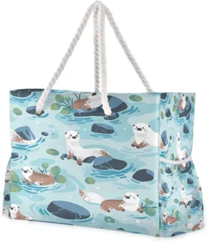 Beach Bag - Large Tote Bags for Women Otter Pattern Shoulder Bags Zipper Waterproof Sandproof for Travel Gym Swim Daily
