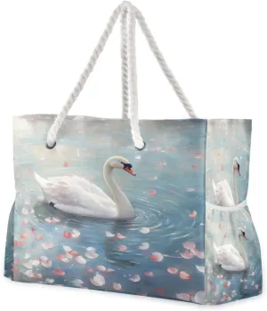 Beach Bag - Large Tote Bags for Women Swan White Lake Shoulder Bags Zipper Waterproof Sandproof for Travel Gym Swim Daily