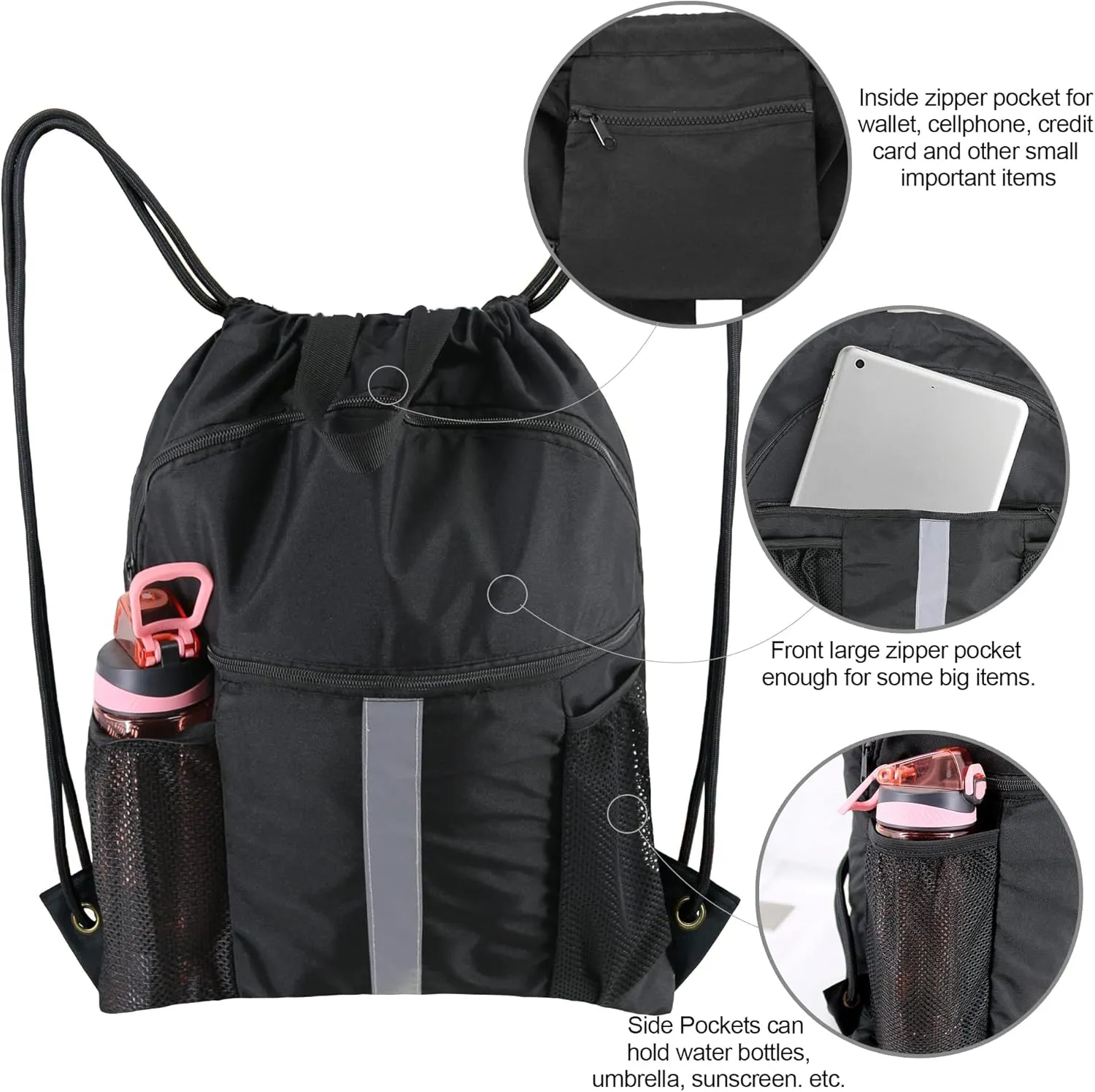 BeeGreen Drawstring Backpack Bag with Shoe Compartment, X-Large Black Gym Sports String Cinch Backpack