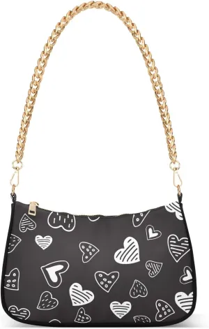 Black Doodle Heart Shoulder Handbags for Women Travel Hobo Tote Handbag Women Gold Chain Shoulder Bags Purse with Zipper Closure
