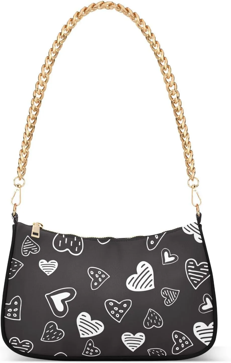 Black Doodle Heart Shoulder Handbags for Women Travel Hobo Tote Handbag Women Gold Chain Shoulder Bags Purse with Zipper Closure