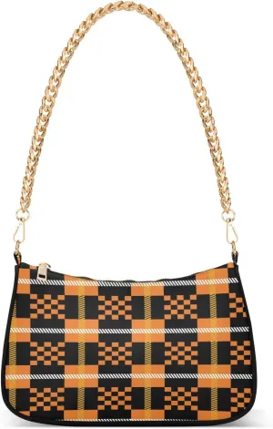 Black Orange Gingham Halloween Plaid Womens Shoulder Bag for Women Girls Hobo Tote Handbag Gold Chain Crossbody Bags with Zipper Clutch Purse Handbags