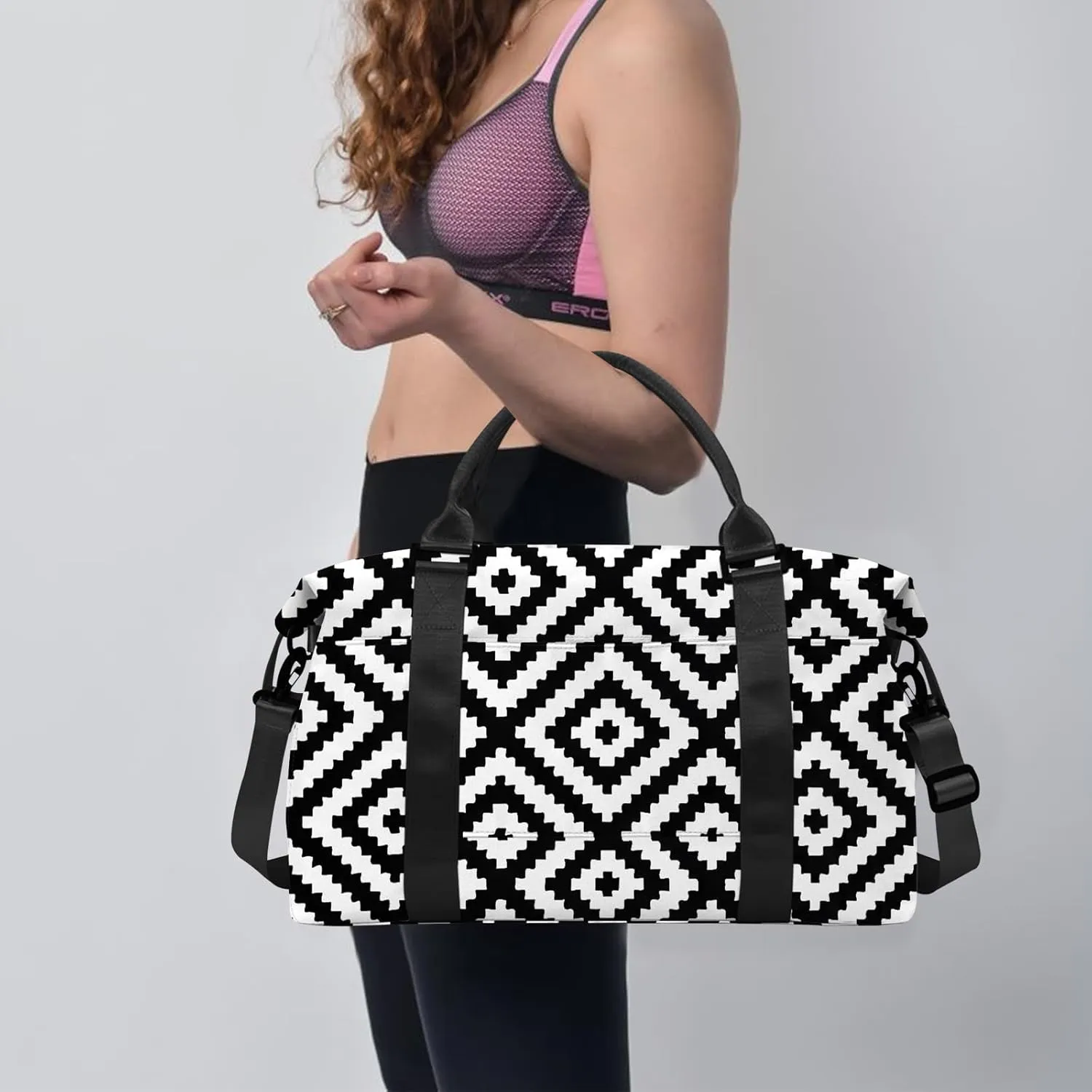 Boho Travel Weekender Duffel Overnight Carry On Bag with Trolley Sleeve,Large Travel Tote Bag with Wet Pocket Shoulder Strap for Women Girls Bohemian Aesthetic Cute-Black White Checkered