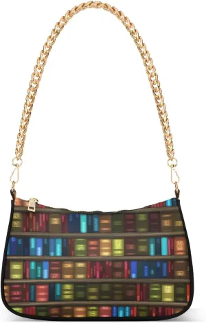 Bookshelves Multicolored Books Shoulder Handbags for Women Travel Hobo Tote Handbag Women Gold Chain Shoulder Bags Purse with Zipper Closure