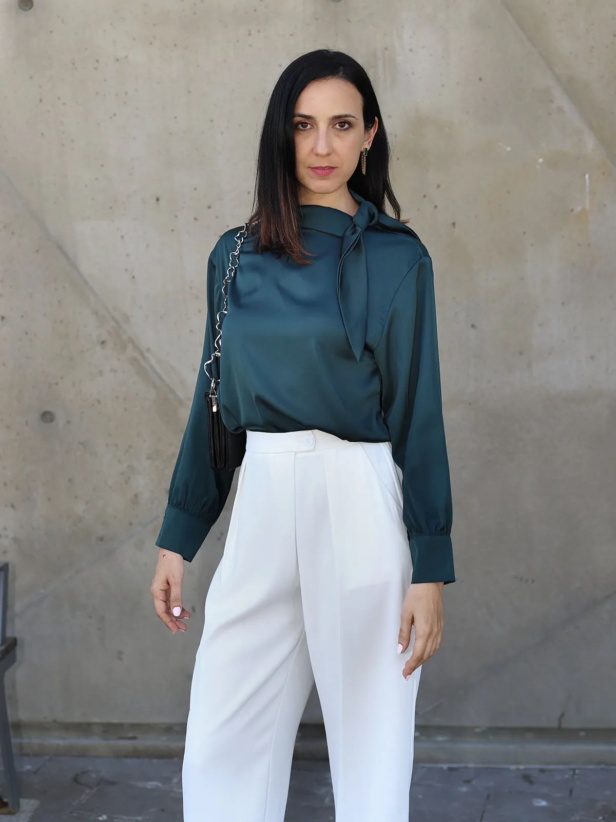 Bowknot Satin Blouse - Green