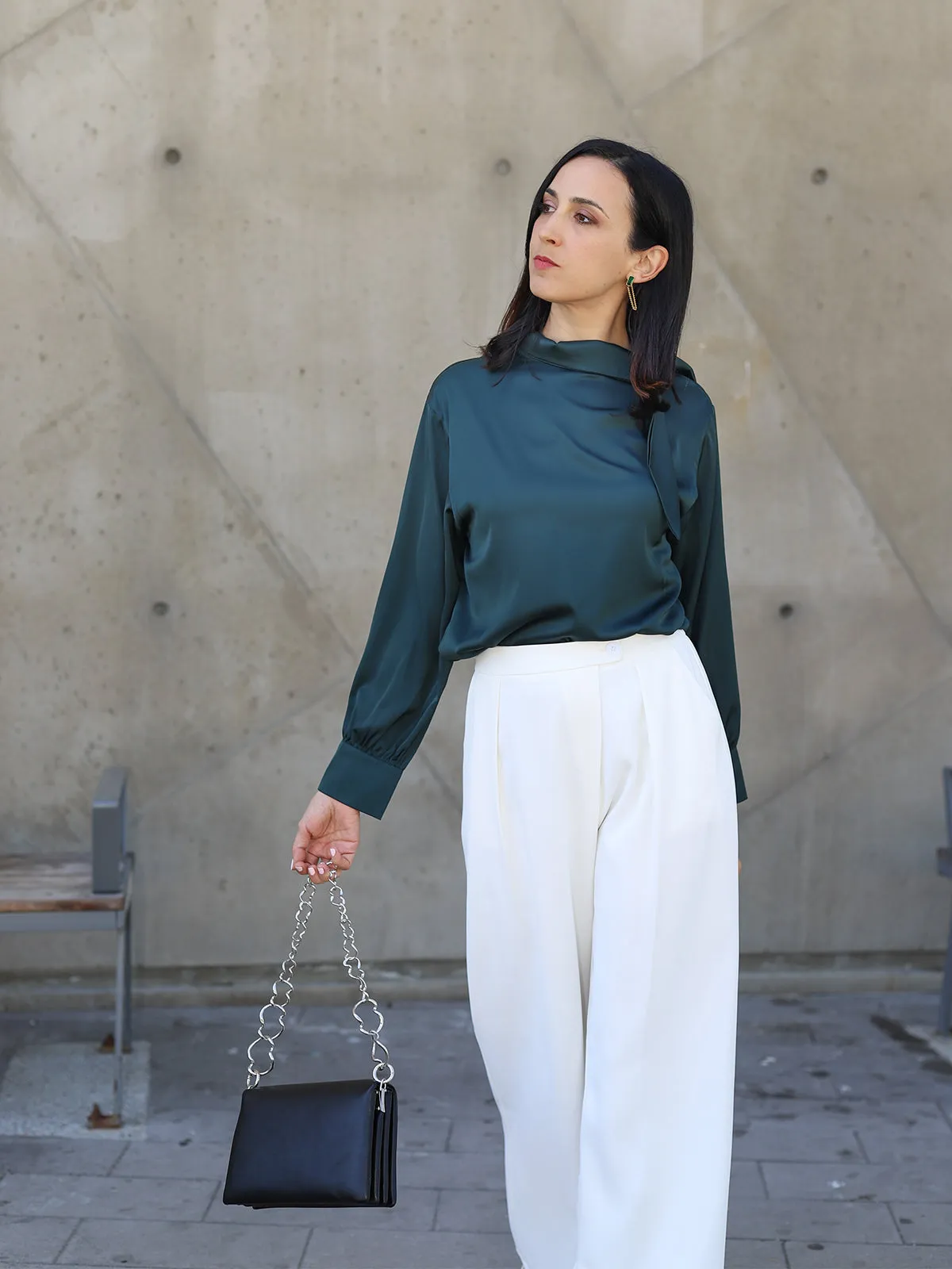 Bowknot Satin Blouse - Green