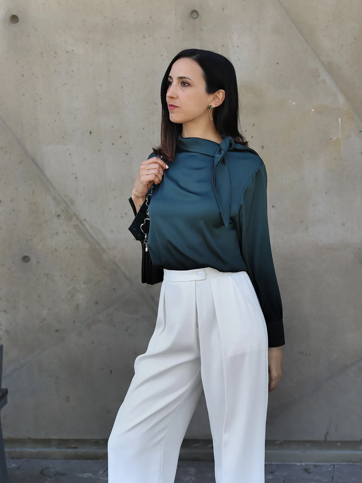 Bowknot Satin Blouse - Green