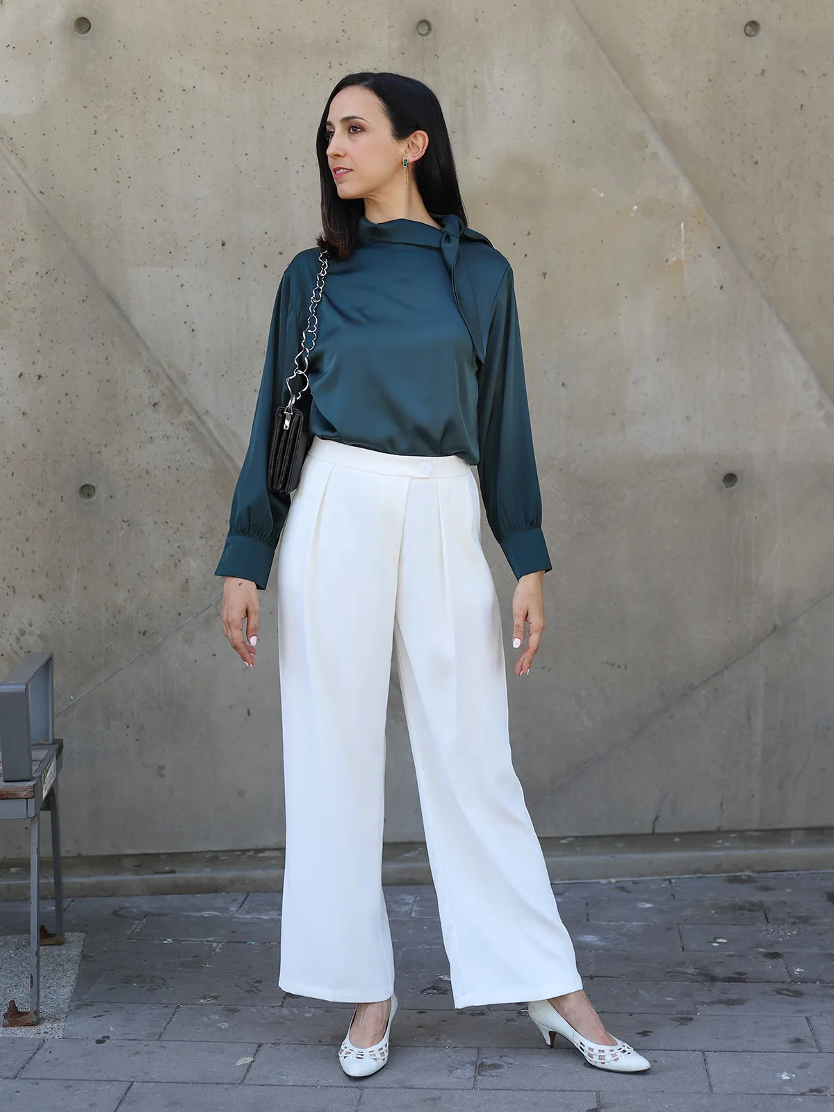 Bowknot Satin Blouse - Green