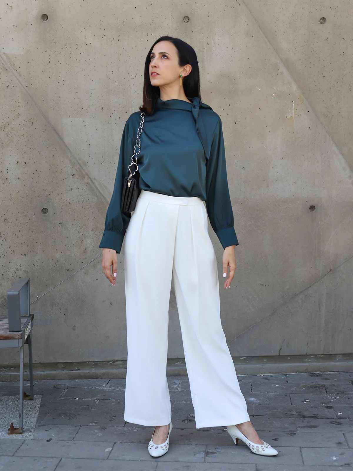 Bowknot Satin Blouse - Green