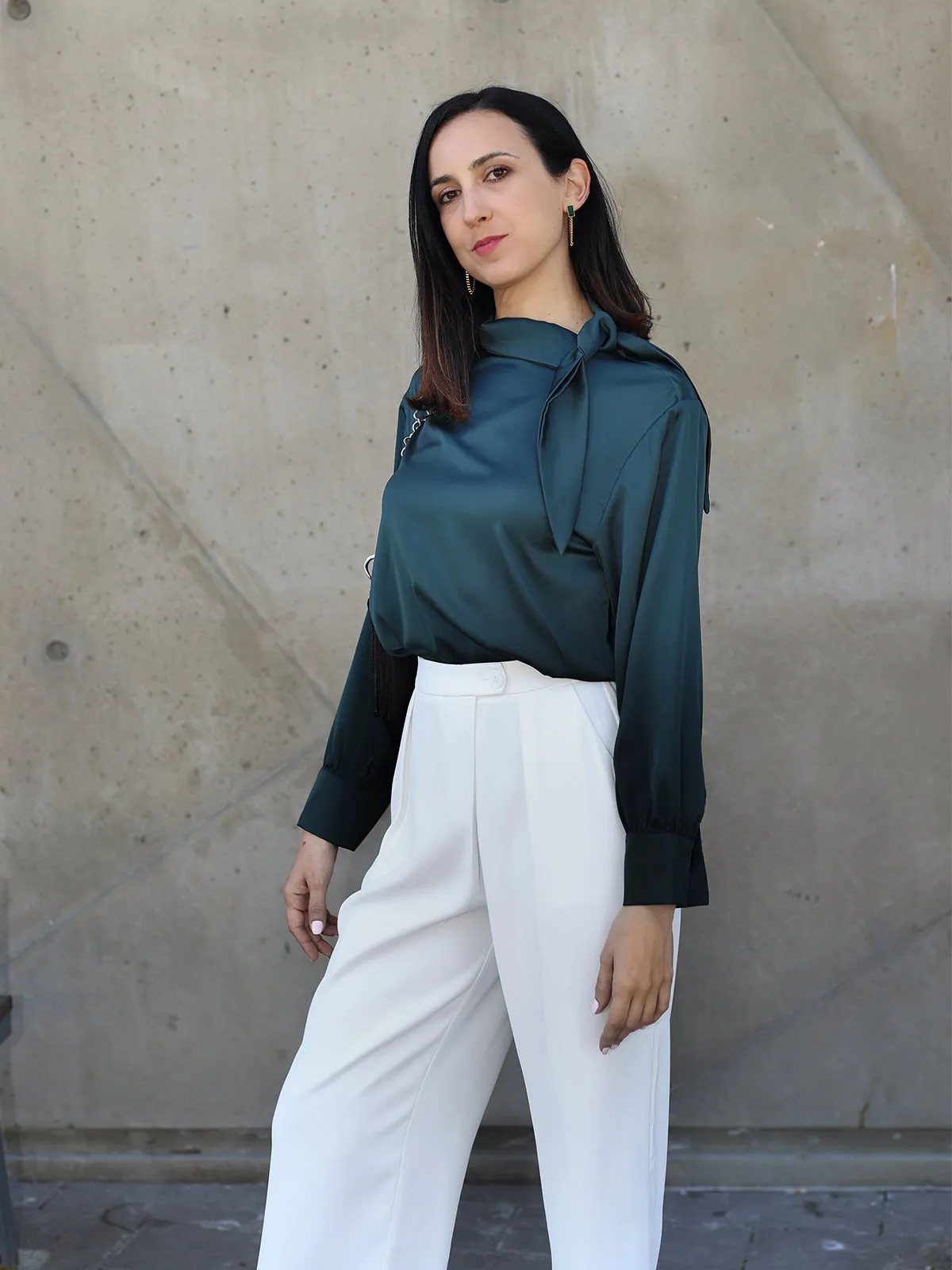 Bowknot Satin Blouse - Green