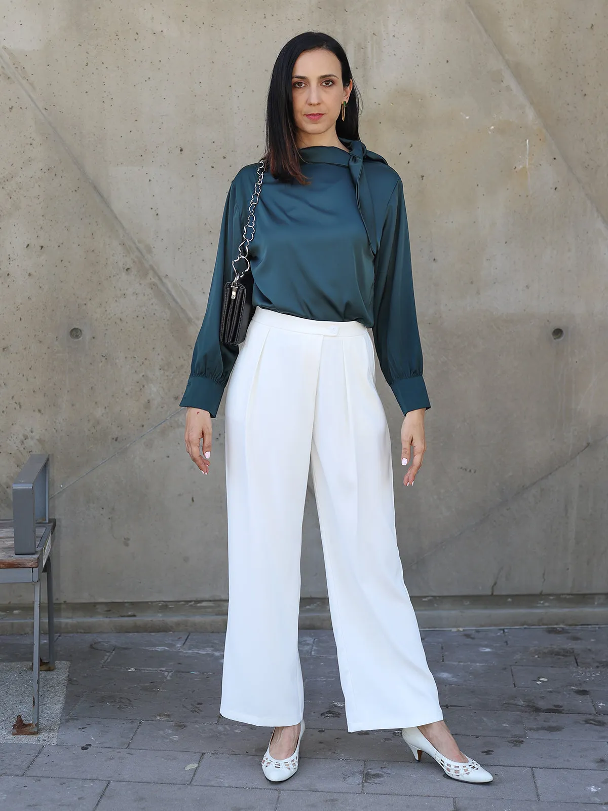 Bowknot Satin Blouse - Green