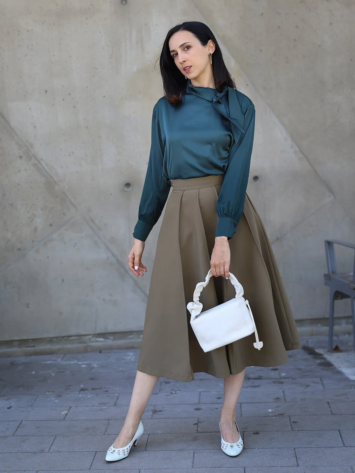 Bowknot Satin Blouse - Green