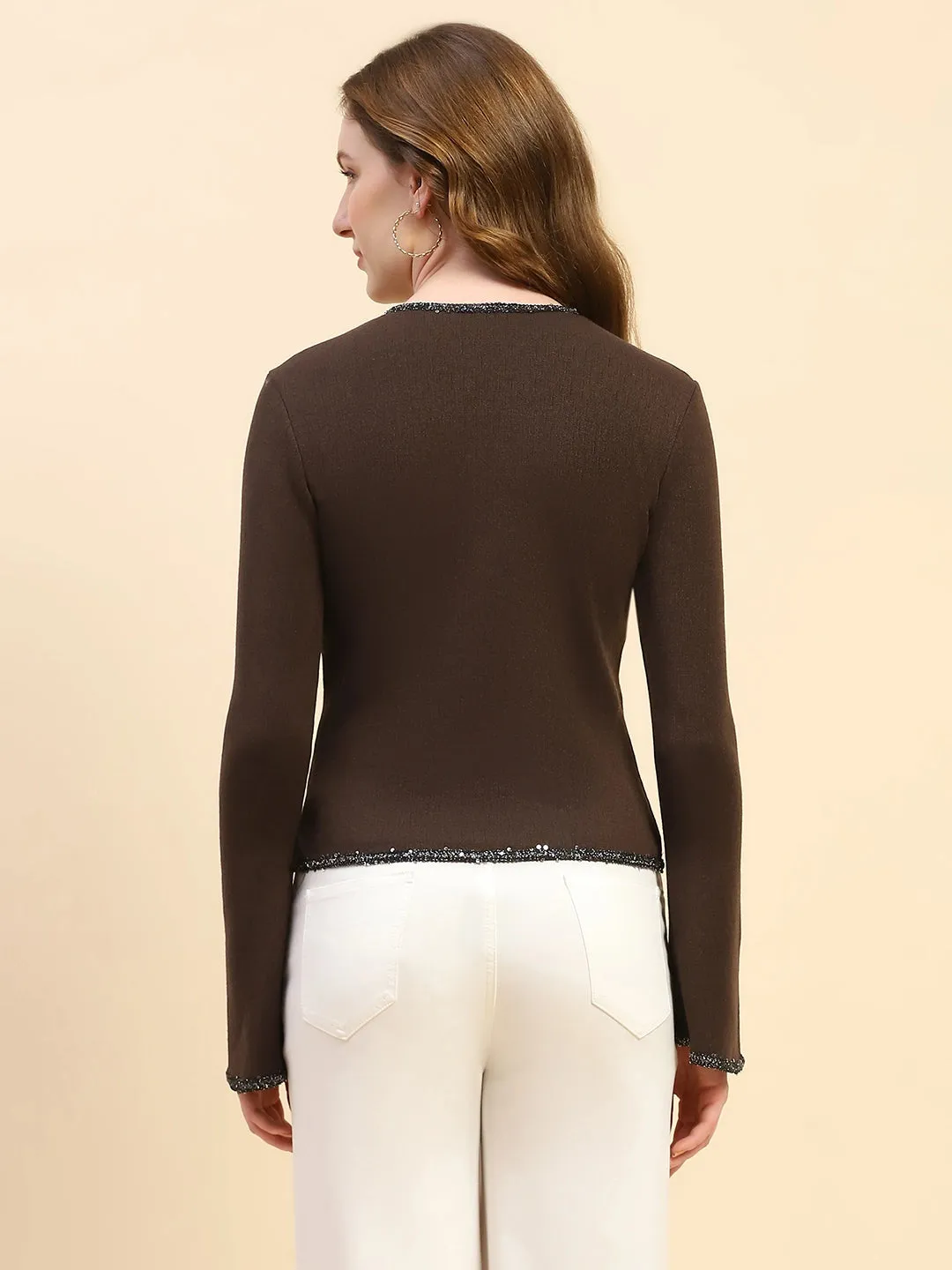 Brown Sequined Solid Poly Blend Slim Fit Cardigan