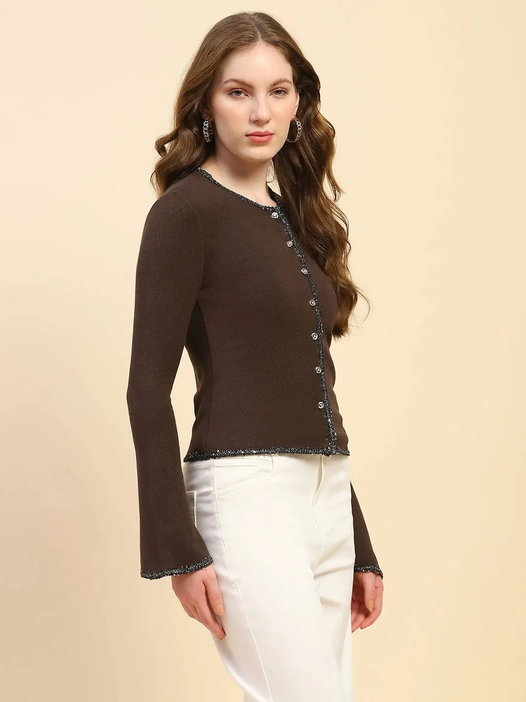 Brown Sequined Solid Poly Blend Slim Fit Cardigan