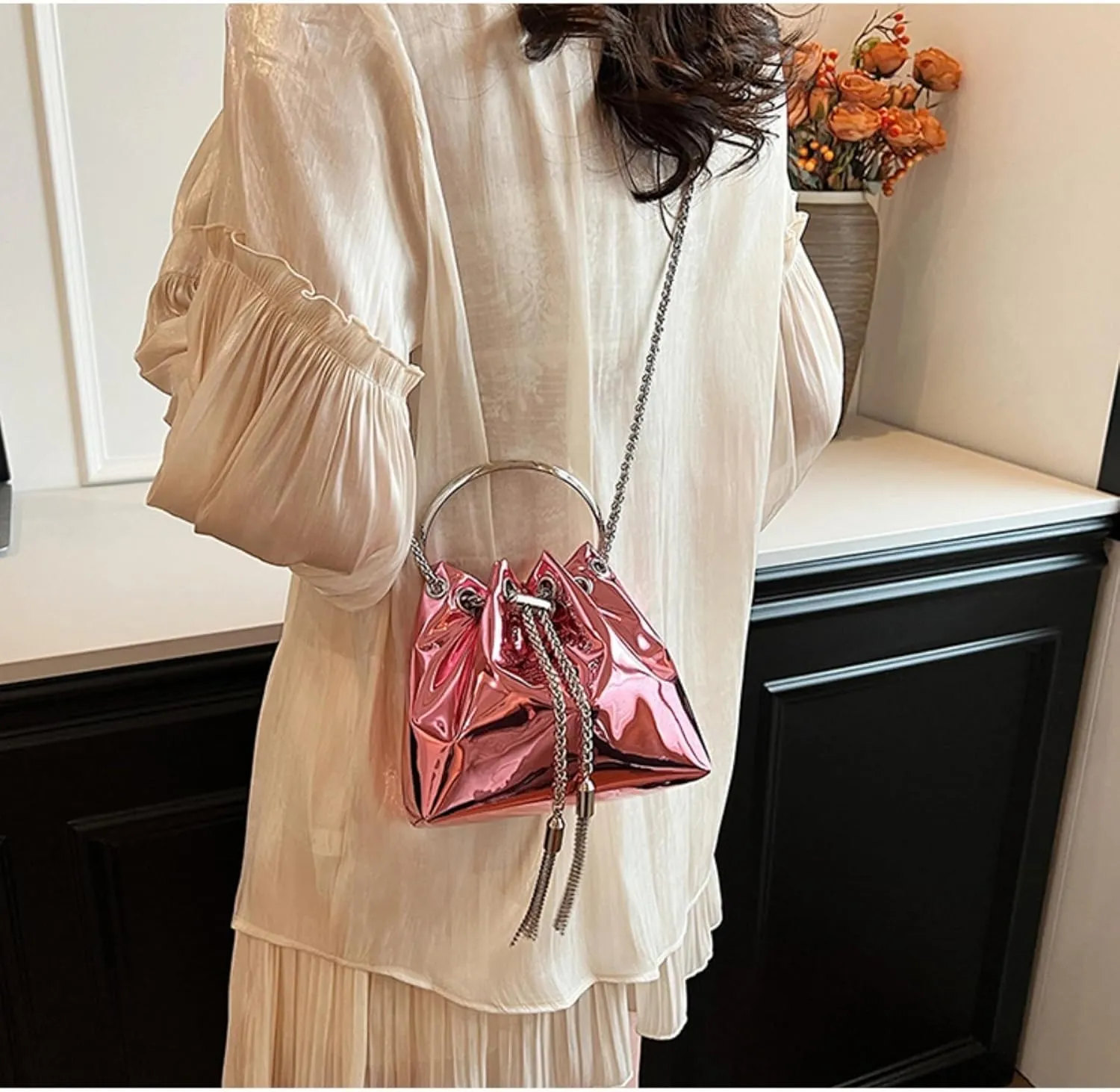 Bucket Bag for Women Trendy Bright Leather Shoulder Tote Chain Crossbody Bags Evening Handbag Purse Wallets