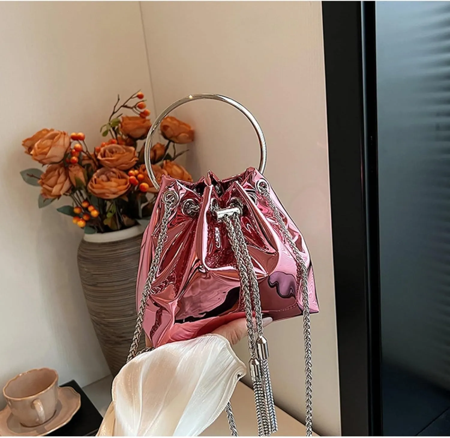 Bucket Bag for Women Trendy Bright Leather Shoulder Tote Chain Crossbody Bags Evening Handbag Purse Wallets