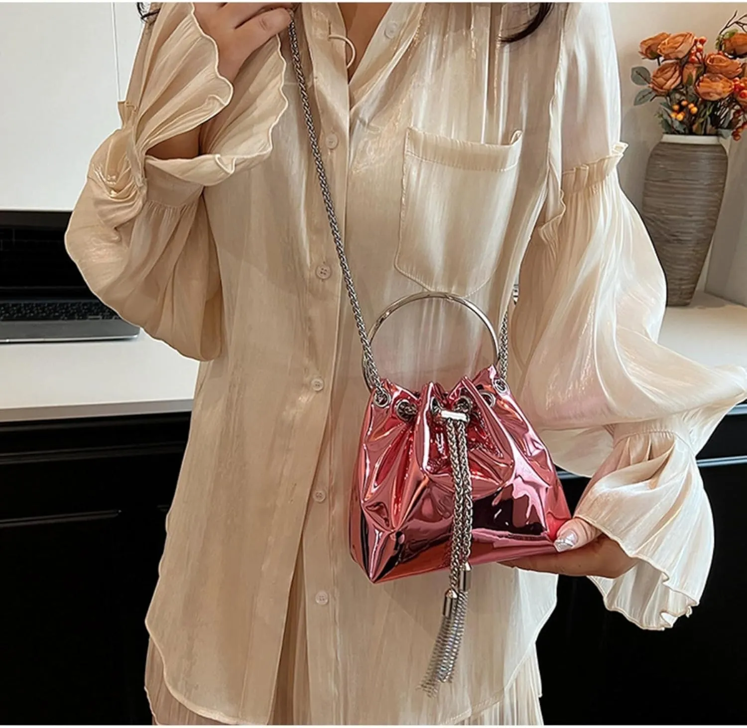 Bucket Bag for Women Trendy Bright Leather Shoulder Tote Chain Crossbody Bags Evening Handbag Purse Wallets