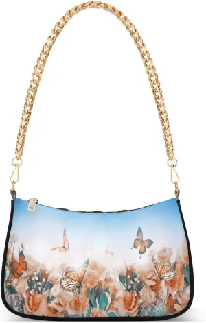 Butterfly Daisy Flowers Shoulder Handbags for Women Travel Hobo Tote Handbag Women Gold Chain Shoulder Bags Purse with Zipper Closure