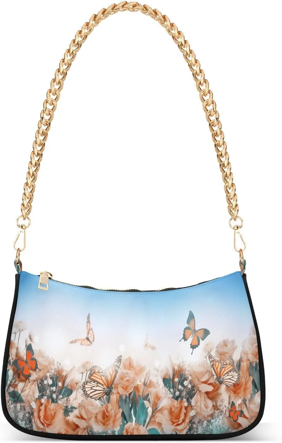 Butterfly Daisy Flowers Shoulder Handbags for Women Travel Hobo Tote Handbag Women Gold Chain Shoulder Bags Purse with Zipper Closure