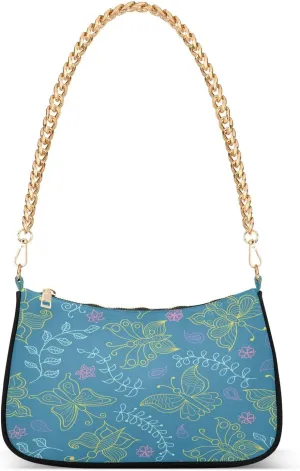 Butterfly Flower Blue Shoulder Handbags for Women Travel Hobo Tote Handbag Women Gold Chain Shoulder Bags Purse with Zipper Closure
