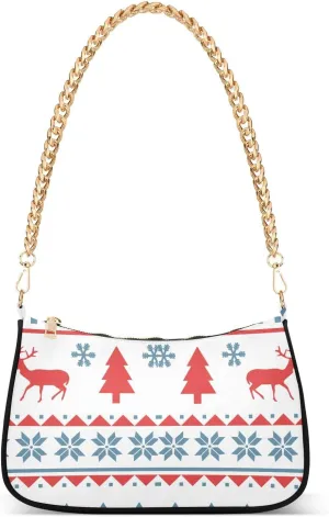 Christmas Pattern Shoulder Handbags for Women Travel Hobo Tote Handbag Women Gold Chain Shoulder Bags Purse with Zipper Closure