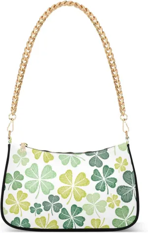 Cloverleaf Seamless Pattern Doodle Shoulder Handbags for Women Travel Hobo Tote Handbag Women Gold Chain Shoulder Bags Purse with Zipper Closure