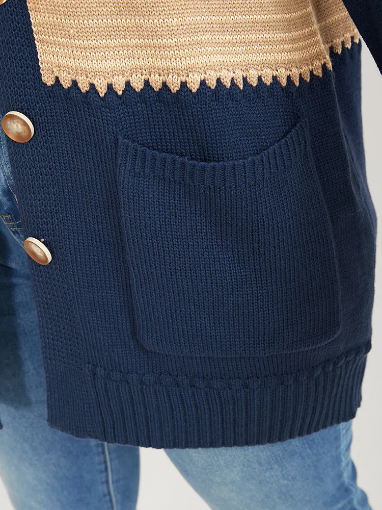 Colorblock Contrast Pointelle Knit Pocket Jacquard Button Front Cardigan