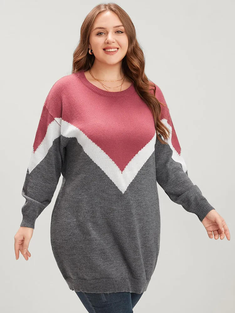 Colorblock Contrast Pointelle Knit Round Neck Mid Long Knit Top