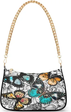 Colorful Butterfly Shoulder Handbags for Women Travel Hobo Tote Handbag Women Gold Chain Shoulder Bags Purse with Zipper Closure