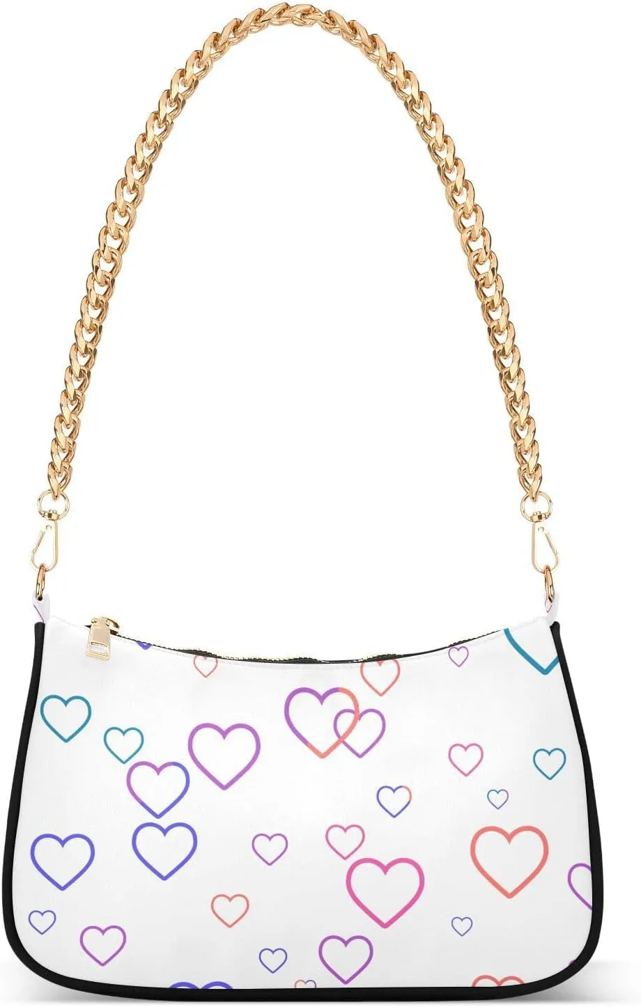 Colorful Cute Heart Shoulder Handbags for Women Travel Hobo Tote Handbag Women Gold Chain Shoulder Bags Purse with Zipper Closure