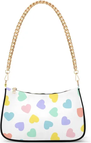 Colorful Heart Shoulder Handbags for Women Travel Hobo Tote Handbag Women Gold Chain Shoulder Bags Purse with Zipper Closure