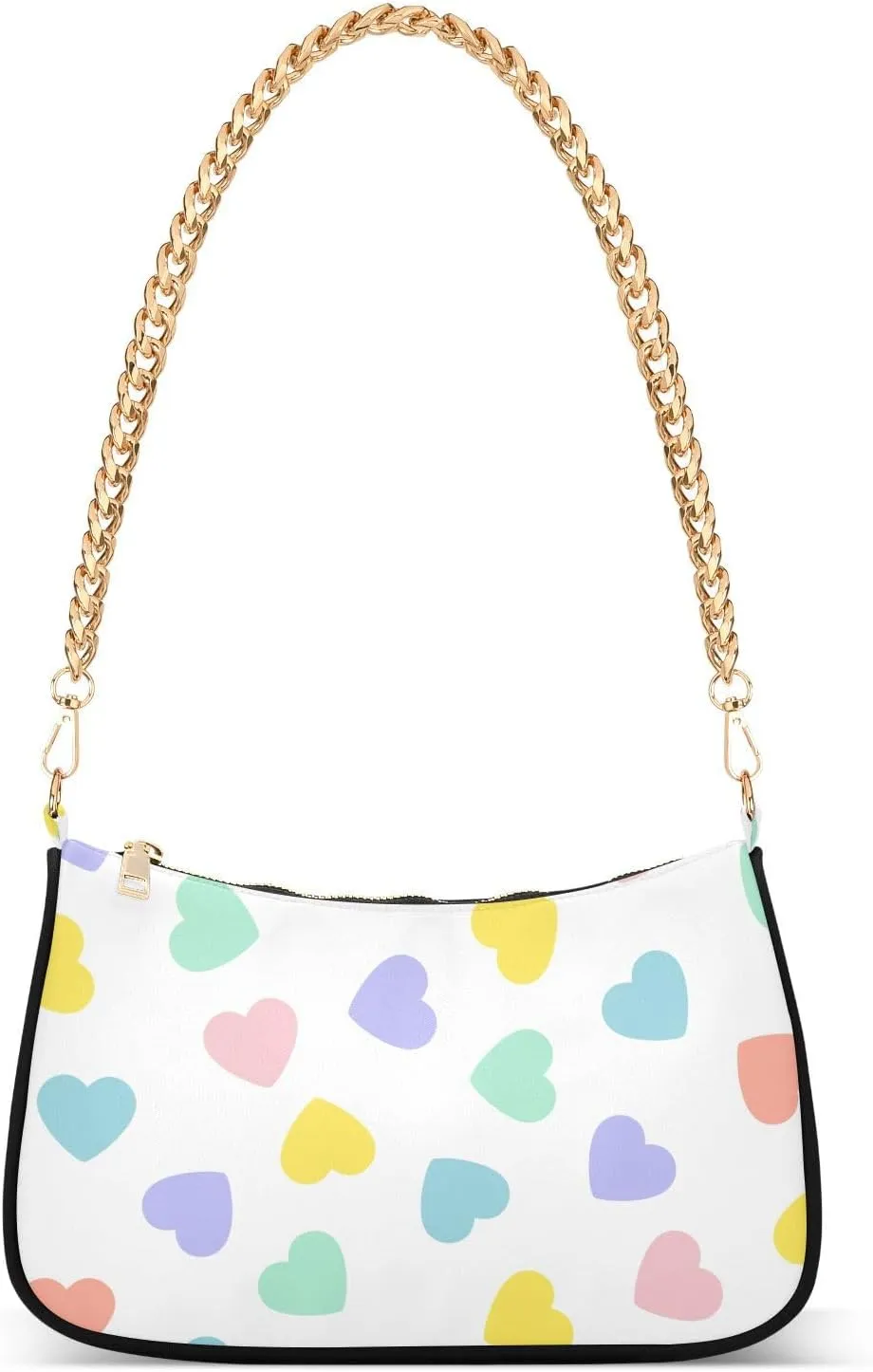 Colorful Heart Shoulder Handbags for Women Travel Hobo Tote Handbag Women Gold Chain Shoulder Bags Purse with Zipper Closure