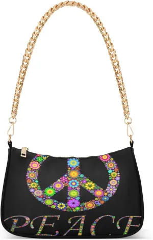 Colorful Peace Symbo Shoulder Handbags for Women Travel Hobo Tote Handbag Women Gold Chain Shoulder Bags Purse with Zipper Closure