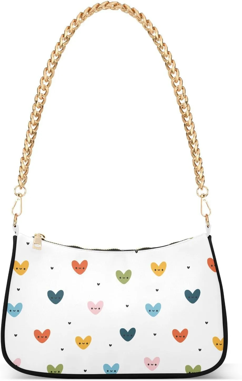 Colorful Smiling Heart Shoulder Handbags for Women Travel Hobo Tote Handbag Women Gold Chain Shoulder Bags Purse with Zipper Closure