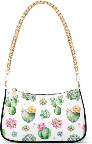 Colorful Succulents Plants Shoulder Handbags for Women Travel Hobo Tote Handbag Women Gold Chain Shoulder Bags Purse with Zipper Closure