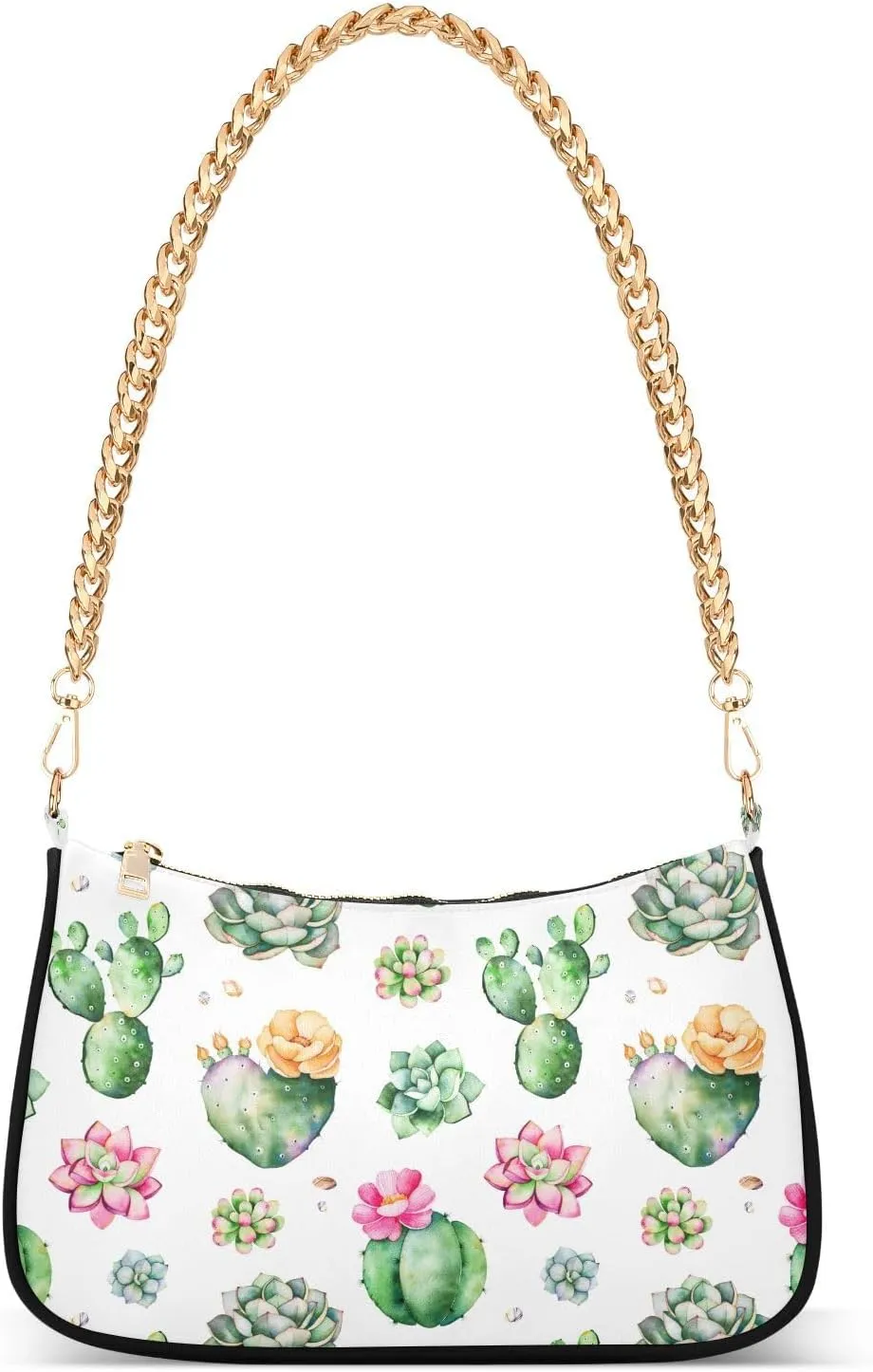 Colorful Succulents Plants Shoulder Handbags for Women Travel Hobo Tote Handbag Women Gold Chain Shoulder Bags Purse with Zipper Closure