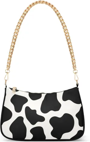 Cows Print Shoulder Handbags for Women Travel Hobo Tote Handbag Women Gold Chain Shoulder Bags Purse with Zipper Closure