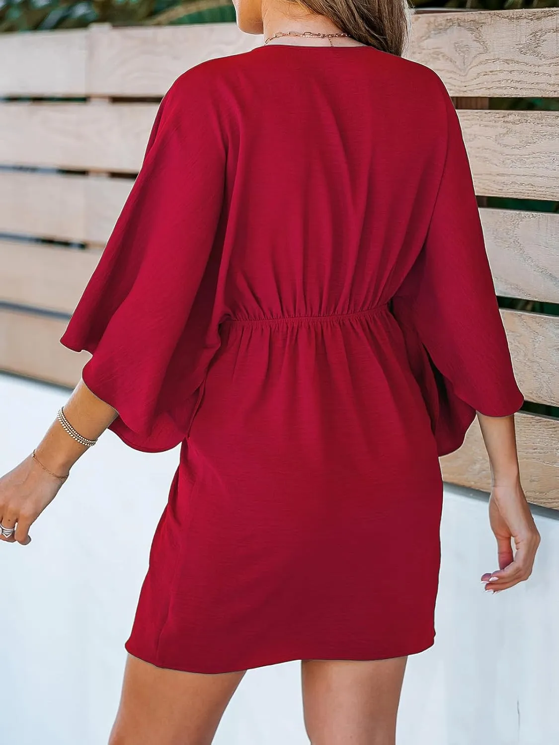 CUPSHE Women's V Neck Summer Dress 3/4 Kimono Sleeve Self Tie Pleated Loose Slit Mini Casual Dress
