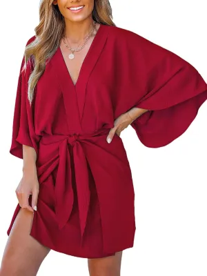 CUPSHE Women's V Neck Summer Dress 3/4 Kimono Sleeve Self Tie Pleated Loose Slit Mini Casual Dress