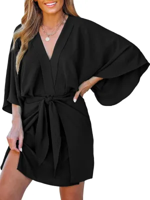 CUPSHE Women's V Neck Summer Dress 3/4 Kimono Sleeve Self Tie Pleated Loose Slit Mini Casual Dress