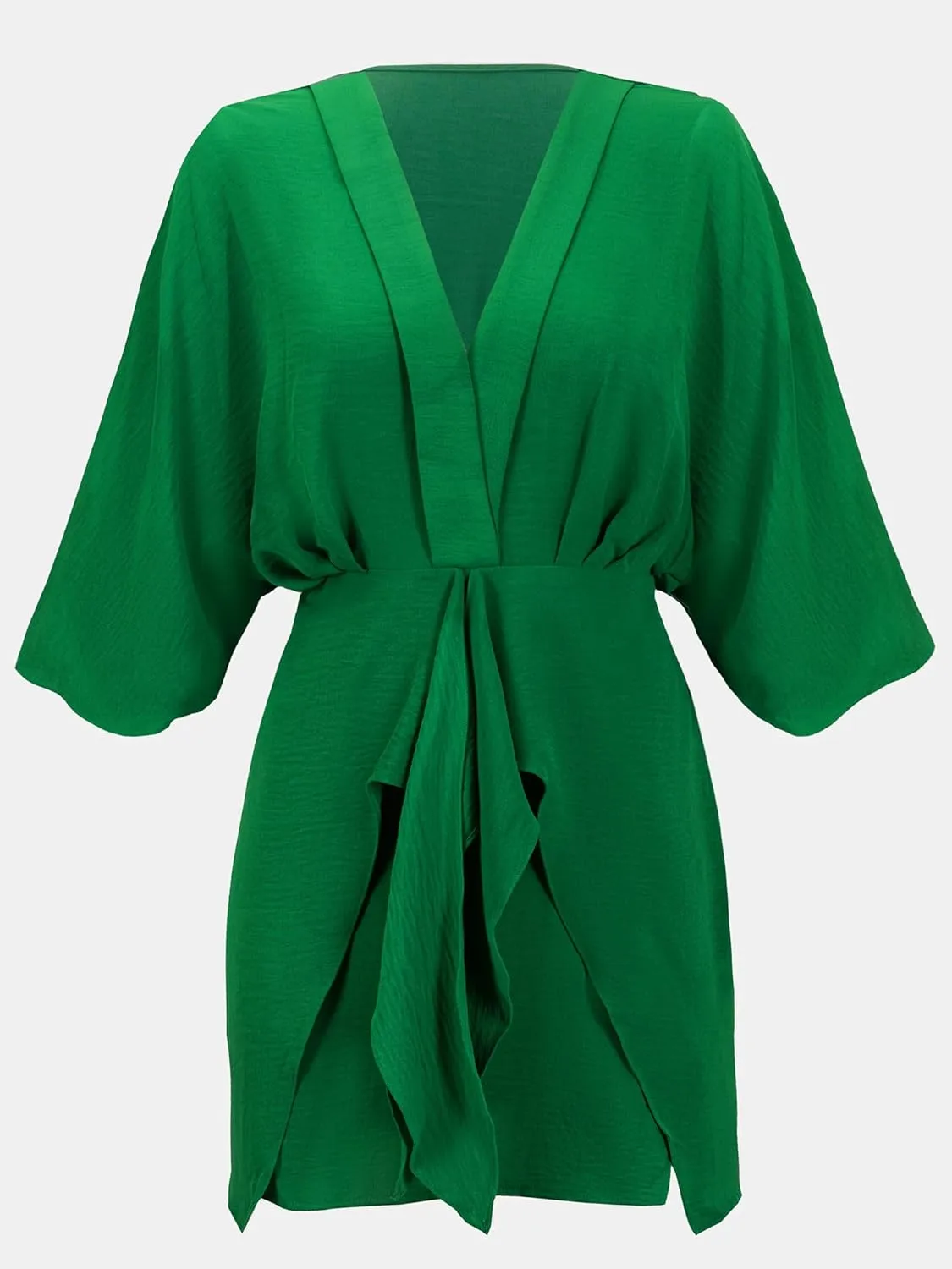 CUPSHE Women's V Neck Summer Dress 3/4 Kimono Sleeve Self Tie Pleated Loose Slit Mini Casual Dress