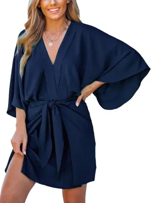 CUPSHE Women's V Neck Summer Dress 3/4 Kimono Sleeve Self Tie Pleated Loose Slit Mini Casual Dress