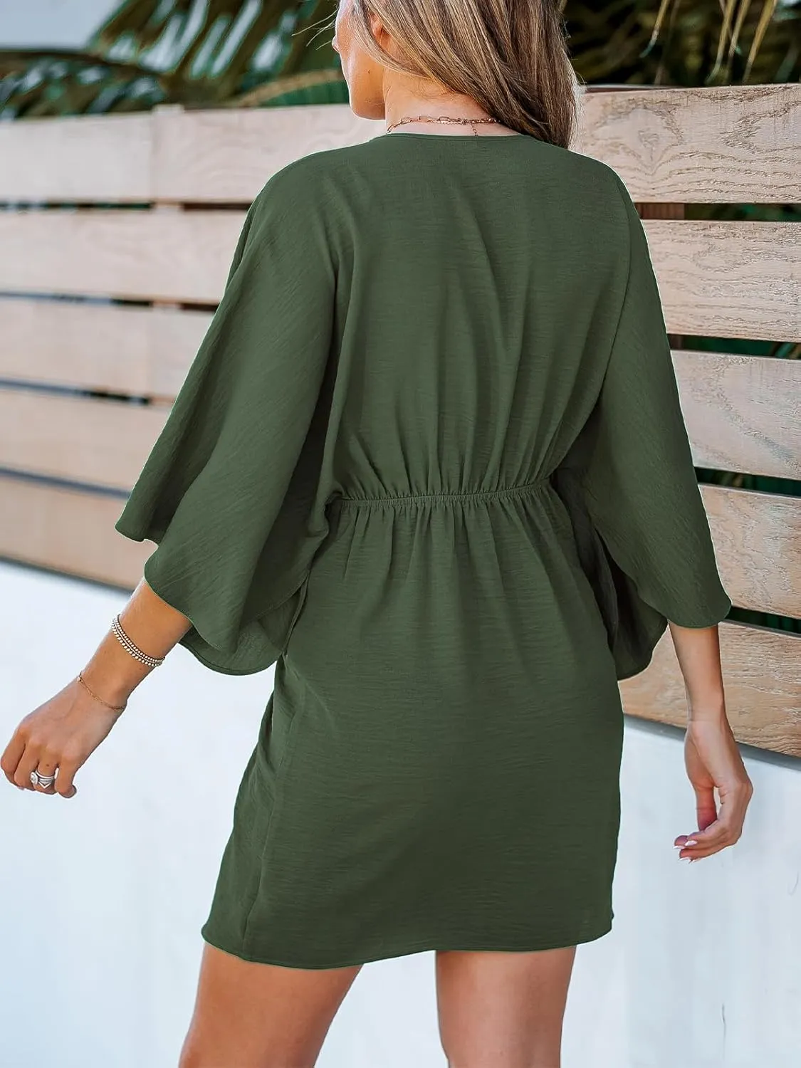 CUPSHE Women's V Neck Summer Dress 3/4 Kimono Sleeve Self Tie Pleated Loose Slit Mini Casual Dress